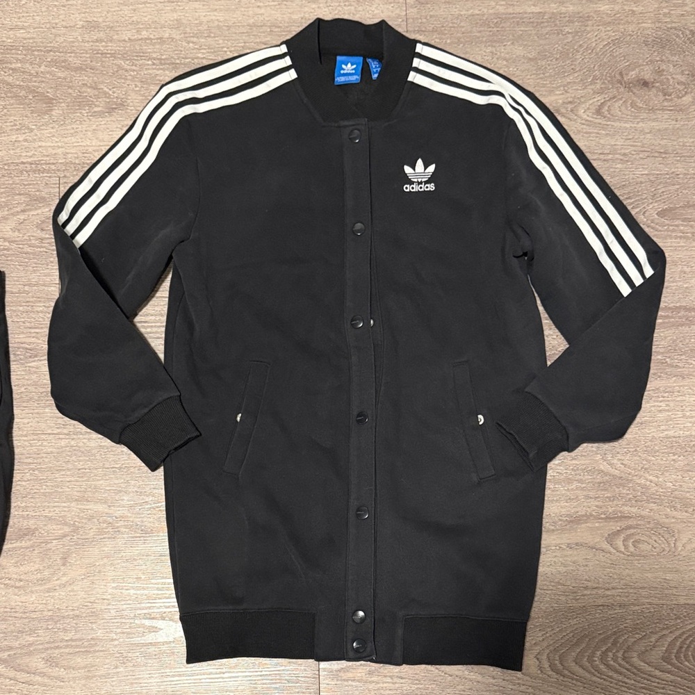 Adidas Women’s Black Long Jacket with White Stripes